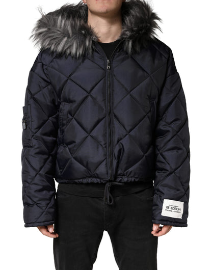 Dolce & Gabbana Men's Lightweight Quilted Modacrylic Polyester Nylon & Fur Hooded Parka - Black Monogram