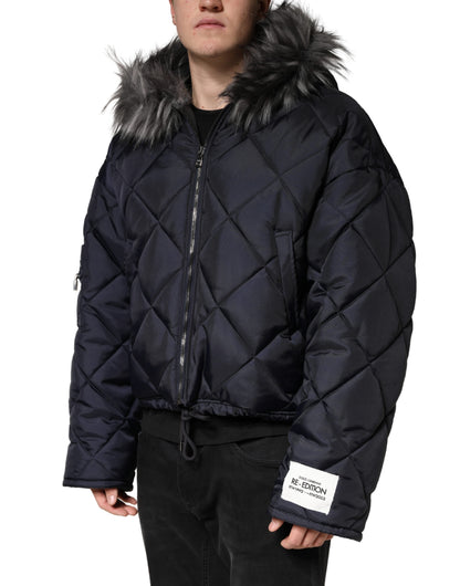 Dolce & Gabbana Men's Lightweight Quilted Modacrylic Polyester Nylon & Fur Hooded Parka - Black Monogram