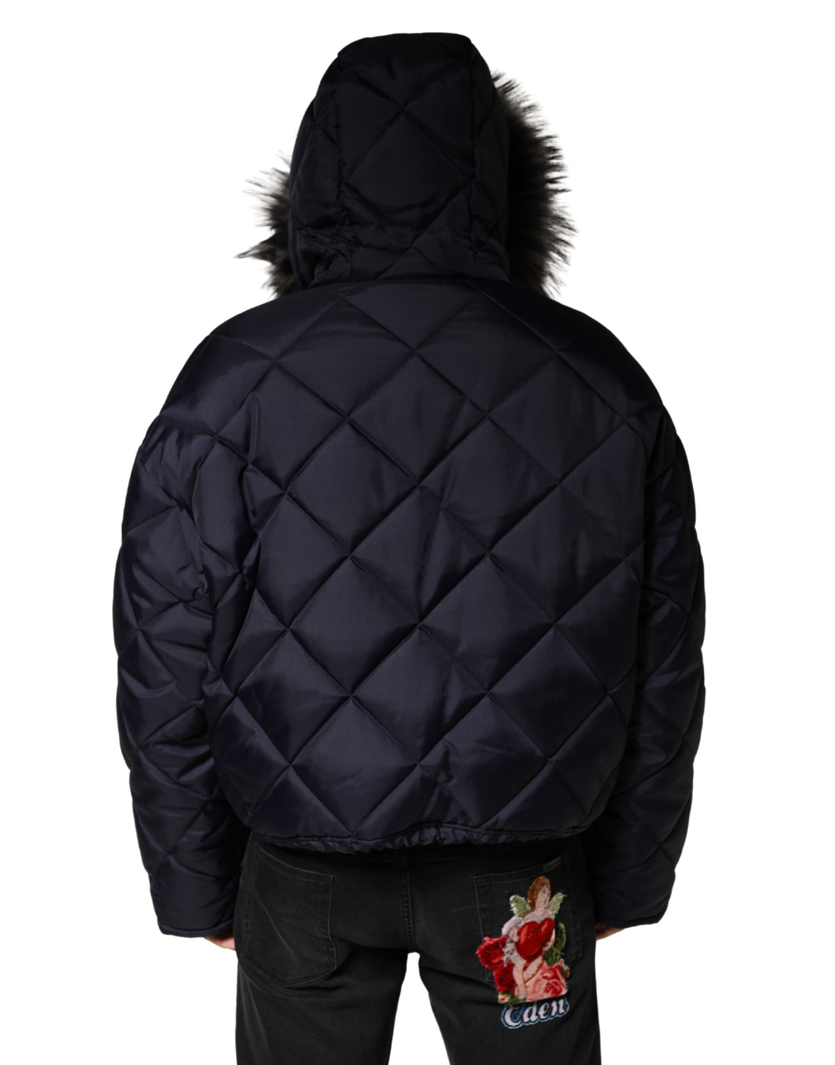 Dolce & Gabbana Men's Lightweight Quilted Modacrylic Polyester Nylon & Fur Hooded Parka - Black Monogram