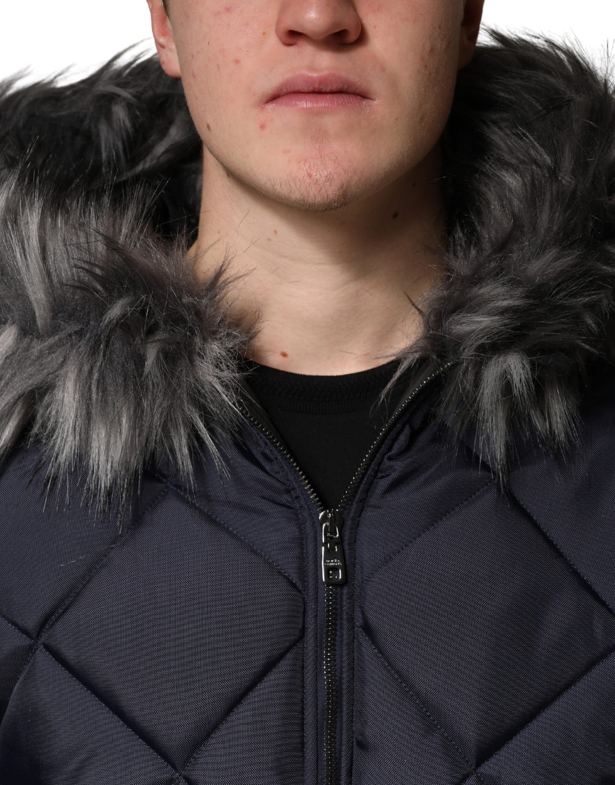 Dolce & Gabbana Men's Lightweight Quilted Modacrylic Polyester Nylon & Fur Hooded Parka - Black Monogram