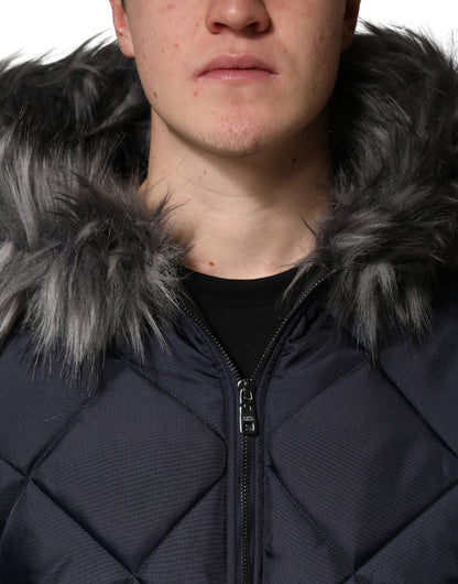 Dolce & Gabbana Men's Lightweight Quilted Modacrylic Polyester Nylon & Fur Hooded Parka - Black Monogram