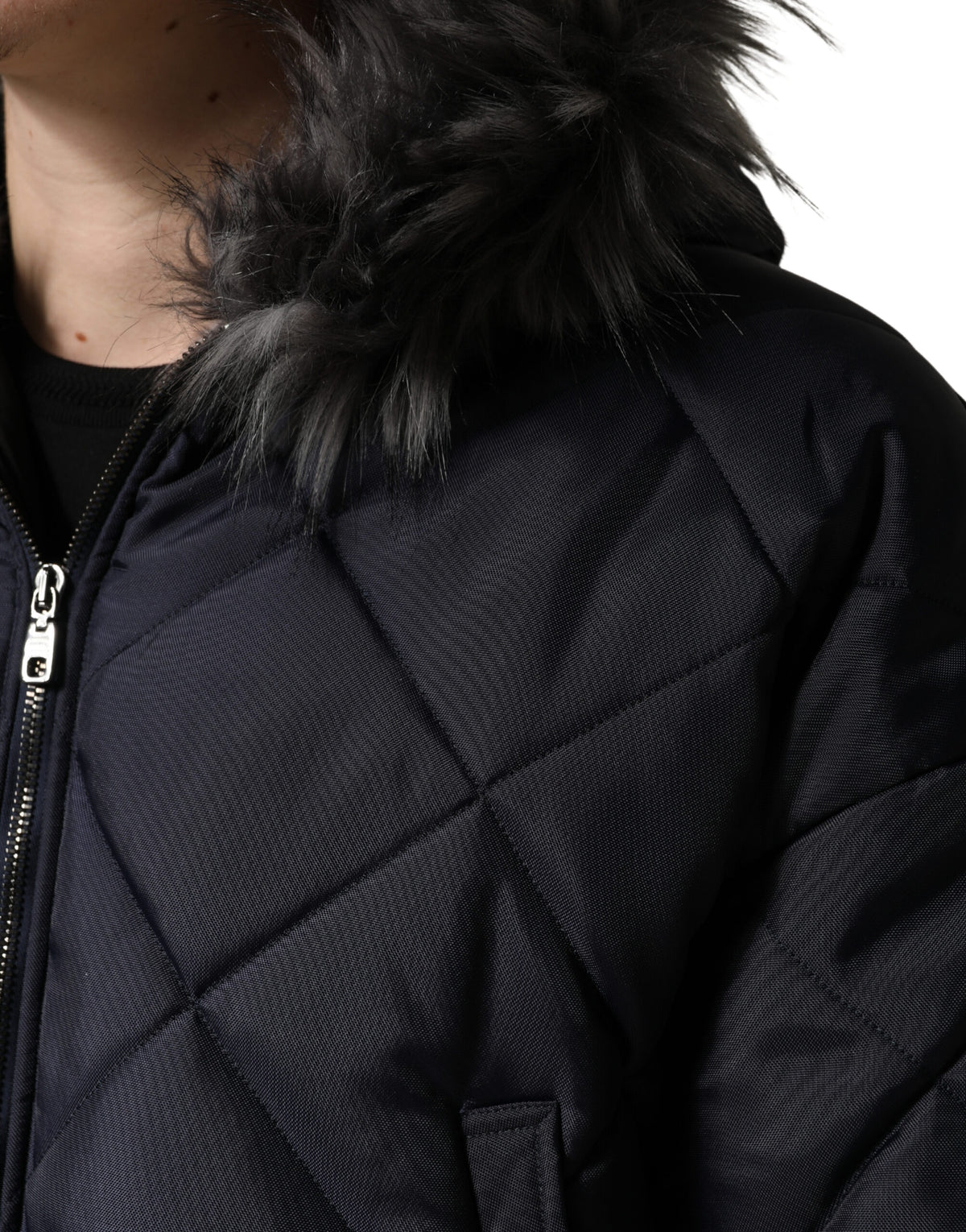 Dolce & Gabbana Men's Lightweight Quilted Modacrylic Polyester Nylon & Fur Hooded Parka - Black Monogram
