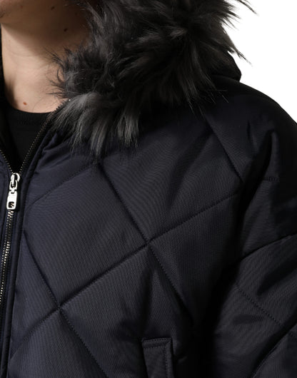 Dolce & Gabbana Men's Lightweight Quilted Modacrylic Polyester Nylon & Fur Hooded Parka - Black Monogram