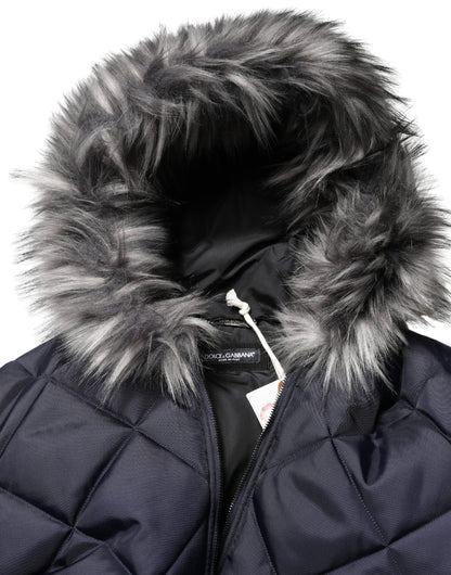 Dolce & Gabbana Men's Lightweight Quilted Modacrylic Polyester Nylon & Fur Hooded Parka - Black Monogram