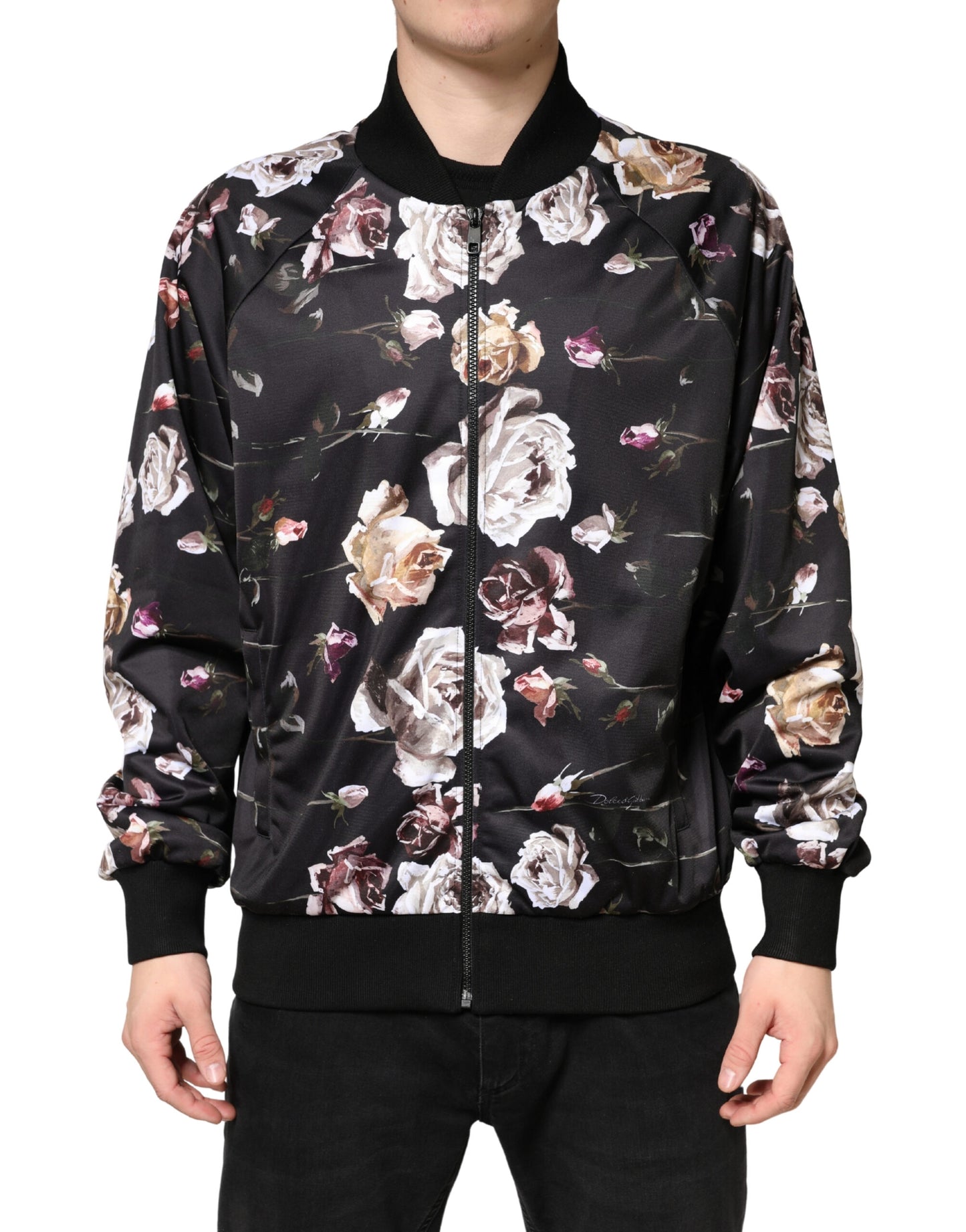Dolce & Gabbana Black Floral Polyester Full Zip Bomber Jacket