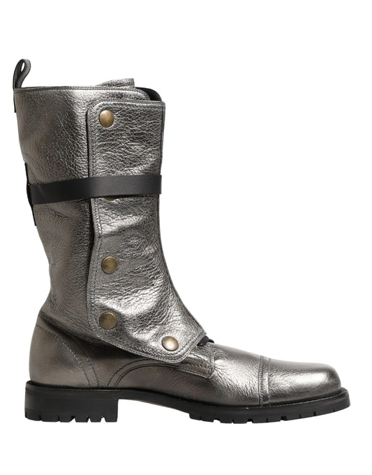 Dolce & Gabbana Men's Calf Leather Ankle Biker Combat Mid-Calf Boots - Silver