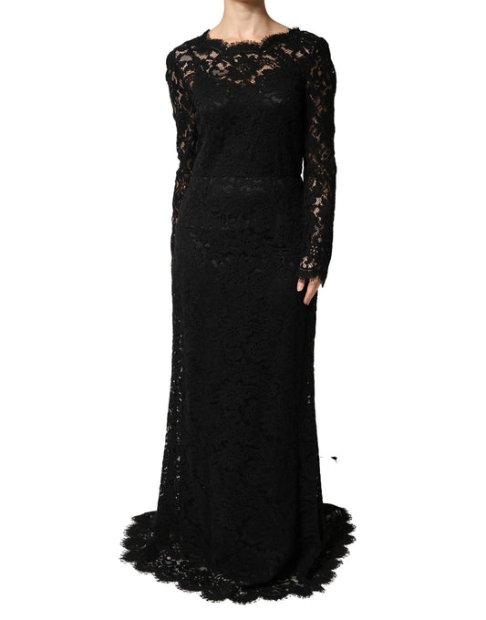 Dolce & Gabbana Black Lace Long Sleeves Cotton Maxi Dress