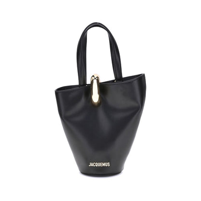 Small Shoulder Bucket Bag by Jacquemus for women in bos taurus calf leather black & gold presents a statuesque silhouette, showcasing a secure zipper and statuesque single-compartment with versatile shoulder-strap, handle & adjustable-strap for a sophisticated look.