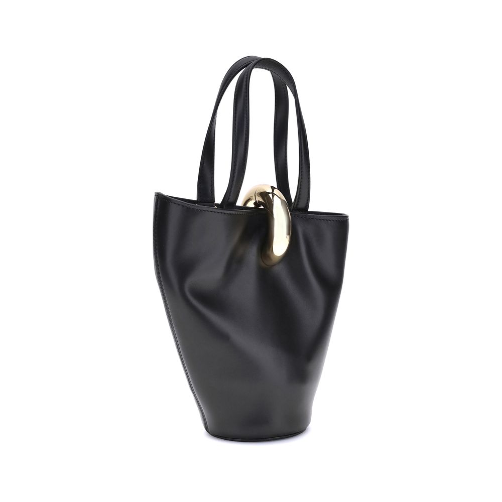 Small Shoulder Bucket Bag by Jacquemus for women in bos taurus calf leather black & gold presents a statuesque silhouette, showcasing a secure zipper and statuesque single-compartment with versatile shoulder-strap, handle & adjustable-strap for a sophisticated look.