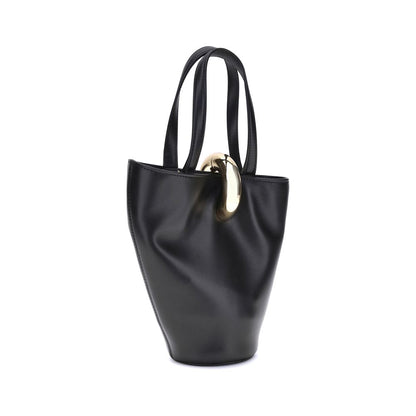Small Shoulder Bucket Bag by Jacquemus for women in bos taurus calf leather black & gold presents a statuesque silhouette, showcasing a secure zipper and statuesque single-compartment with versatile shoulder-strap, handle & adjustable-strap for a sophisticated look.