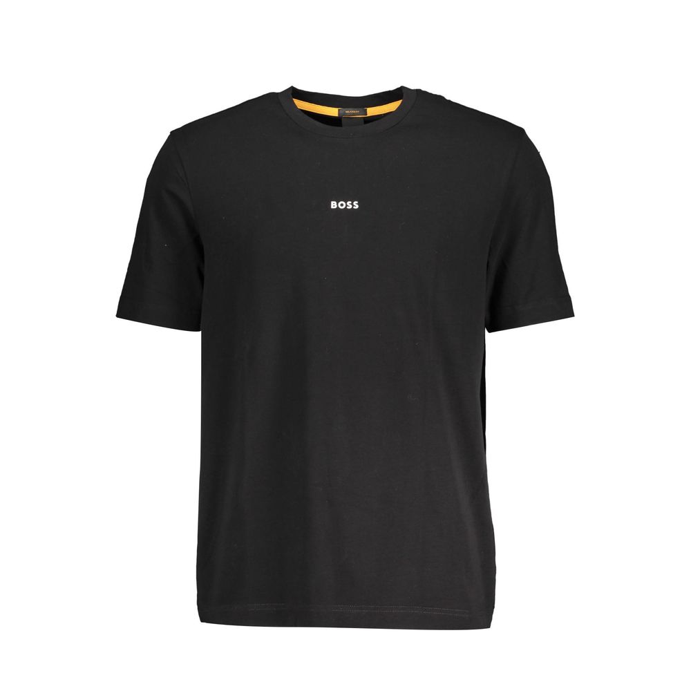 T-Shirt by Hugo Boss for men in stretch organic cotton black showcases a dramatic silhouette, elegantly detailed with a dramatic crew neckline and short-sleeve for a truly dramatic finish.