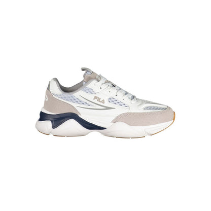 Athletic Sneakers by Fila for women in polyester light-blue, white & print presents a sleek silhouette, perfectly capturing the athletic style essence of Women's Athletic Polyester Sneakers with its sleek design and premium finish.