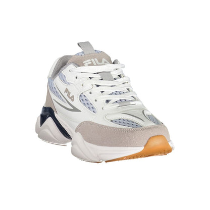 Athletic Sneakers by Fila for women in polyester light-blue, white & print features an architectural silhouette, showcasing the premium athletic style of the Women's Athletic Polyester Sneakers with an architectural finish.