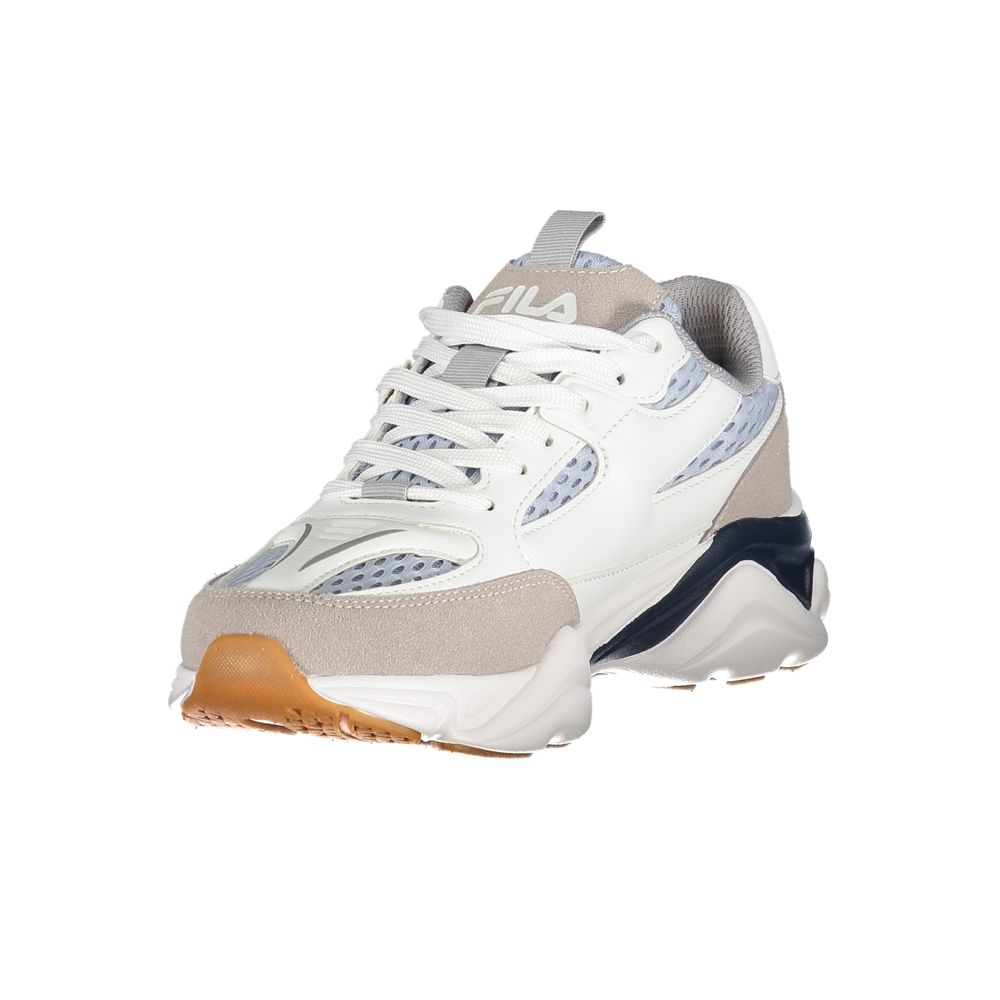 Athletic Sneakers by Fila for women in polyester light-blue, white & print features an stately silhouette, showcasing the signature athletic style of the Women's Athletic Polyester Sneakers collection with a truly stately finish.
