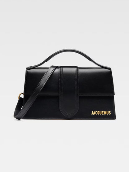 Small Crossbody Flap Handbag by Jacquemus for women in leather black & gold features a multifaceted silhouette, showcasing a secure flap & magnetic and multifaceted cardholder with versatile crossbody-strap, shoulder-strap, adjustable-strap & handle for multifaceted style.