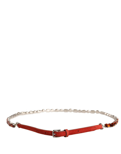 Dolce & Gabbana Velvet Calf & Goat Leather Crystal Belt - Red Silver