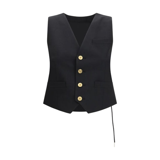 Vest by Sacai for women in polyester twill & wool black & gold features an contemporary silhouette, showcasing refined pockets and a contemporary v-neck neckline for a sophisticated layered look.