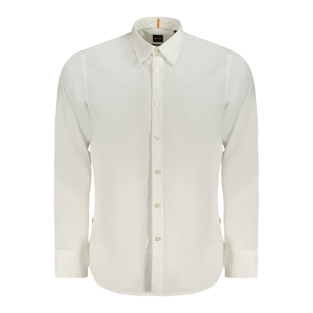 Dress Shirt by Hugo Boss for men in cotton white showcases a sharp silhouette, elegantly detailed with a sharp and sharp long-sleeve.
