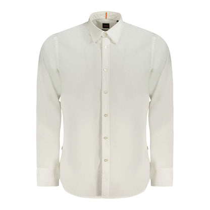 Dress Shirt by Hugo Boss for men in cotton white showcases a sharp silhouette, elegantly detailed with a sharp and sharp long-sleeve.