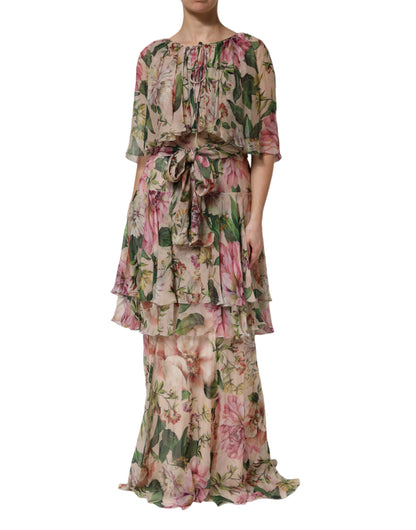 Dolce & Gabbana Women's Stretch Cotton Nylon & Silk Maxi Long Dress - Multicolor Patterned Floral Signature Print