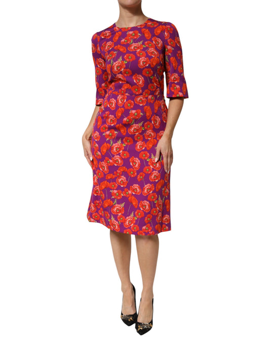Dolce & Gabbana Poppy Women's Sheath Silk Midi Dress - Purple Red Patterned Floral Print