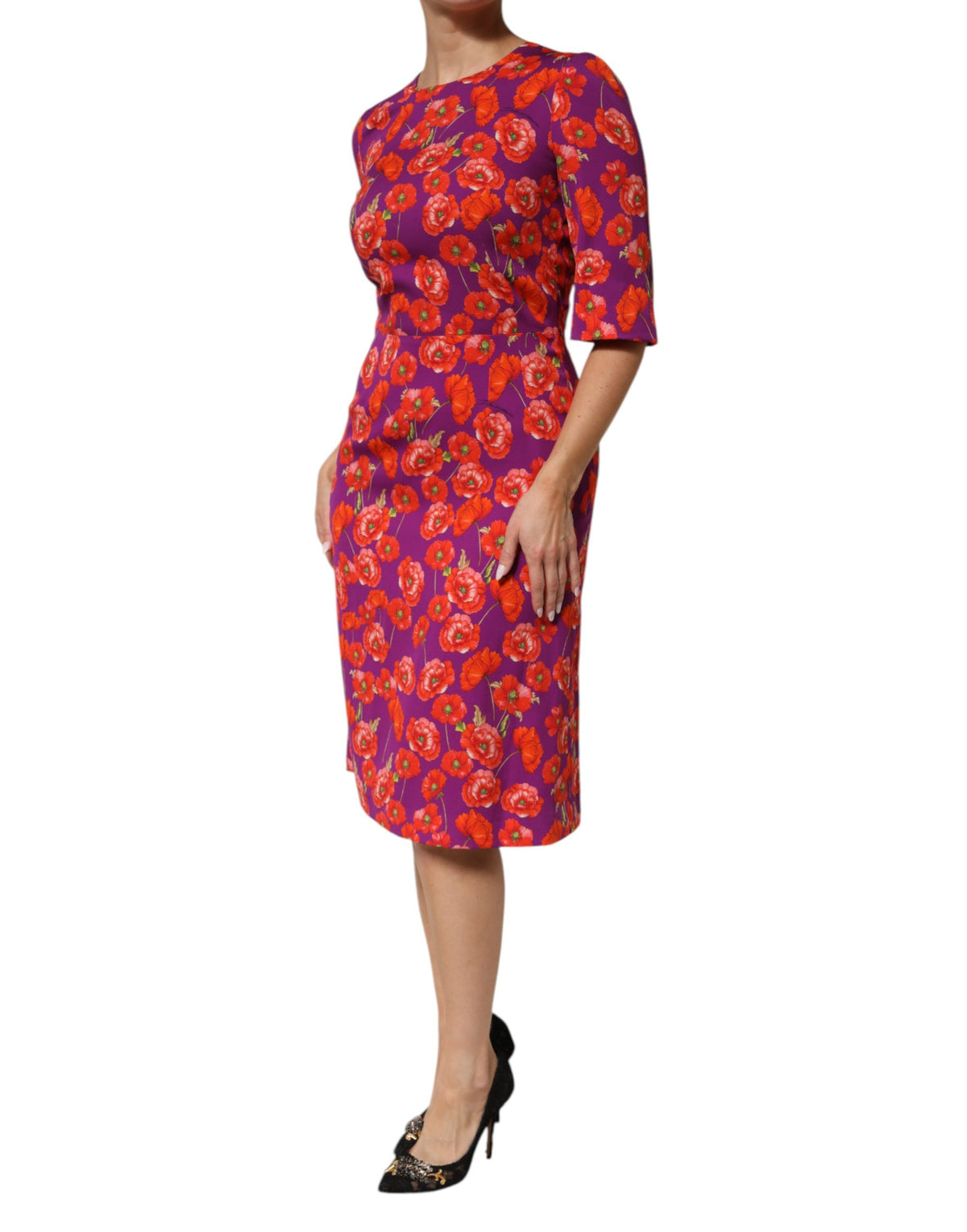 Dolce & Gabbana Poppy Women's Sheath Silk Midi Dress - Purple Red Patterned Floral Print