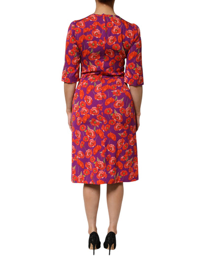 Dolce & Gabbana Poppy Women's Sheath Silk Midi Dress - Purple Red Patterned Floral Print