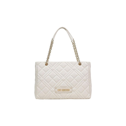 Handbag by Love Moschino for women in polyethylene & polurethane beige & gold features a ornamental silhouette, showcasing a secure , ample , and ornamental handle for a sophisticated look.