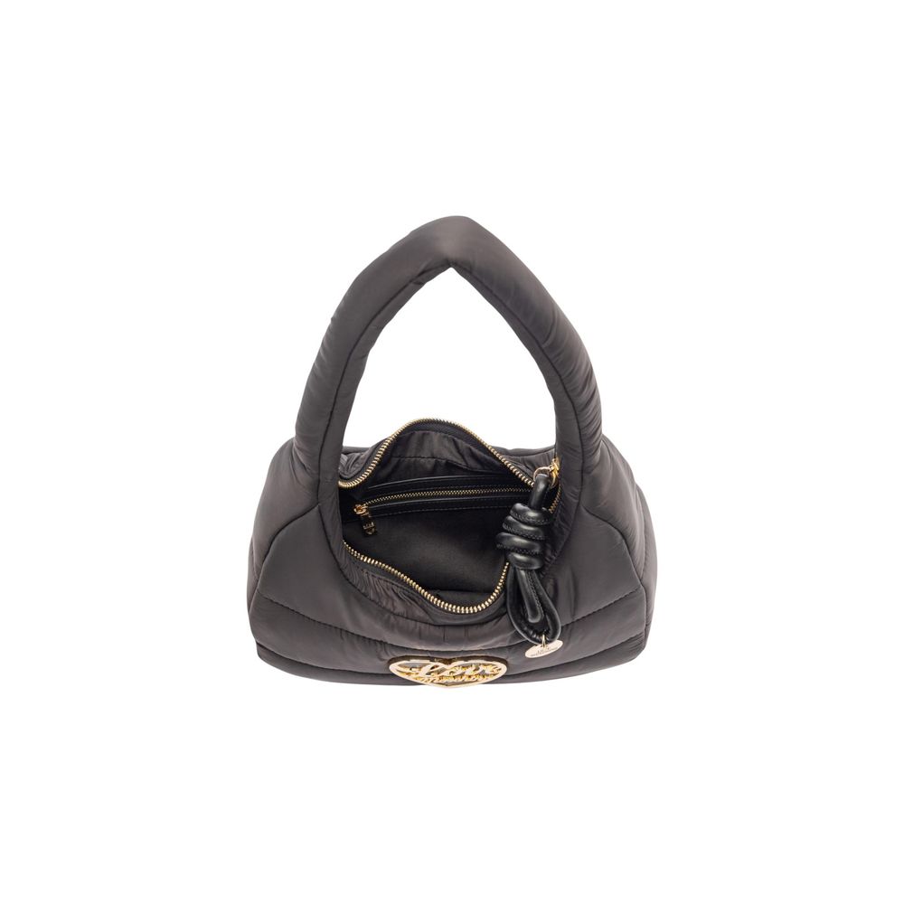 Handbag by Love Moschino for women in nylon polyurethane & metal black & gold features a signature silhouette, showcasing a secure zipper and signature with versatile handle for a sophisticated look.