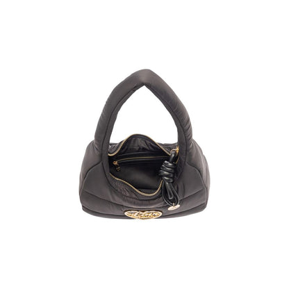 Handbag by Love Moschino for women in nylon polyurethane & metal black & gold features a signature silhouette, showcasing a secure zipper and signature with versatile handle for a sophisticated look.