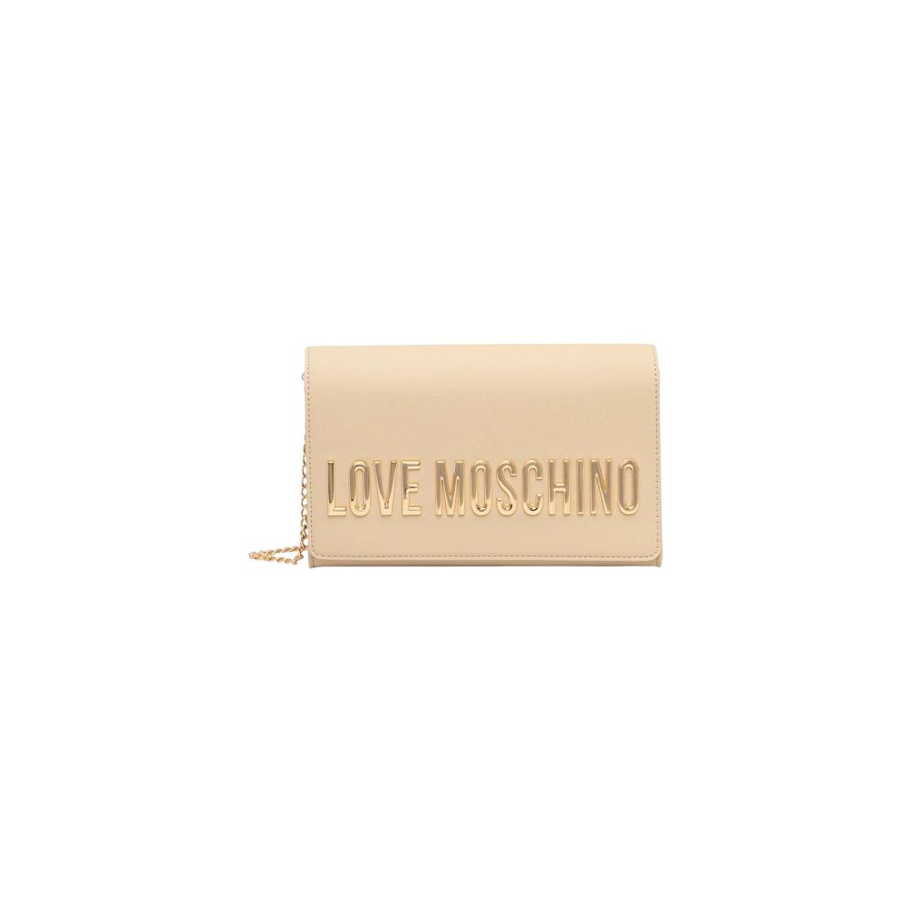 Crossbody-Shoulder Handbag by Love Moschino for women in polyethylene & polyurethane beige & gold features a signature silhouette, showcasing a secure and signature with versatile crossbody-strap & shoulder-strap for a sophisticated look.