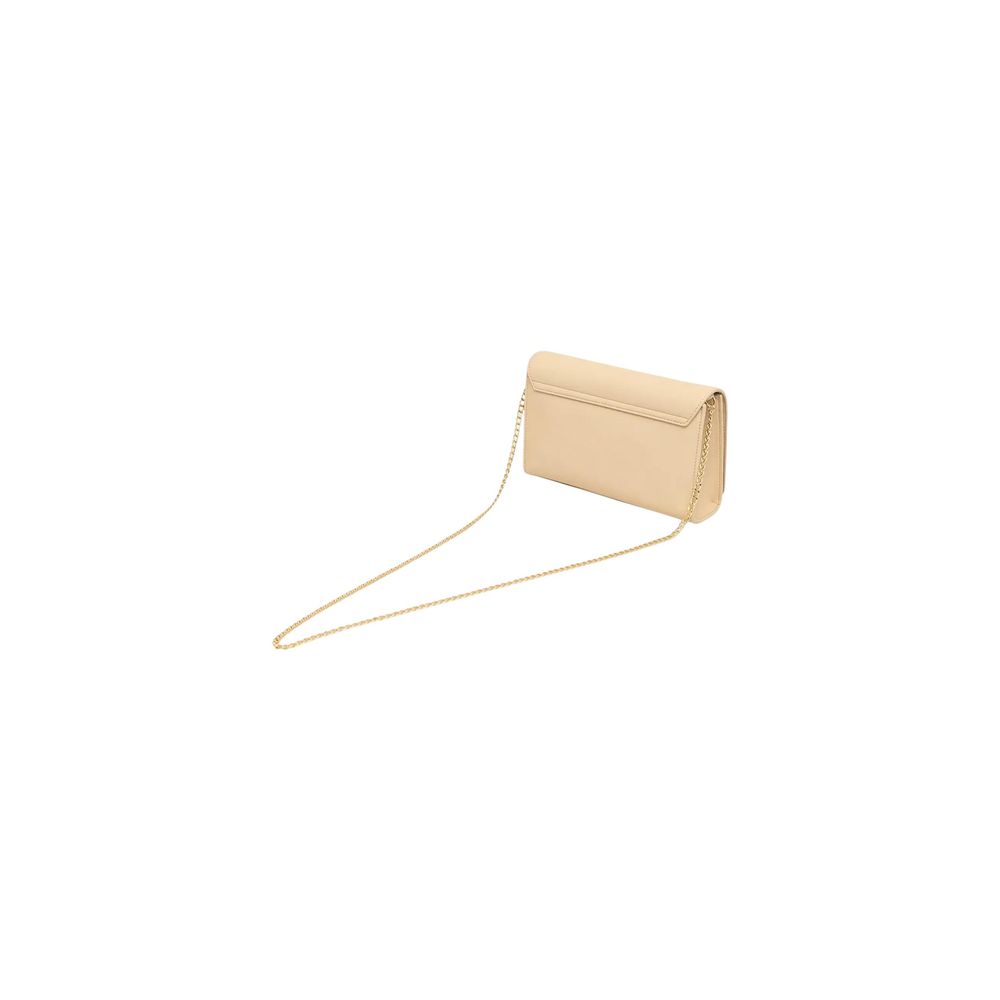 Crossbody-Shoulder Handbag by Love Moschino for women in polyethylene & polyurethane beige & gold features an refined silhouette, showcasing a secure , ample , and versatile crossbody-strap & shoulder-strap for a sophisticated refined aesthetic.