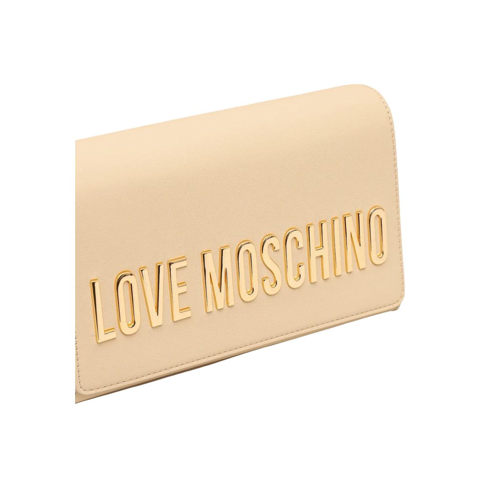Crossbody-Shoulder Handbag by Love Moschino for women in polyethylene & polyurethane beige & gold features an refined silhouette, showcasing a secure , ample , and versatile crossbody-strap & shoulder-strap for a sophisticated refined aesthetic.