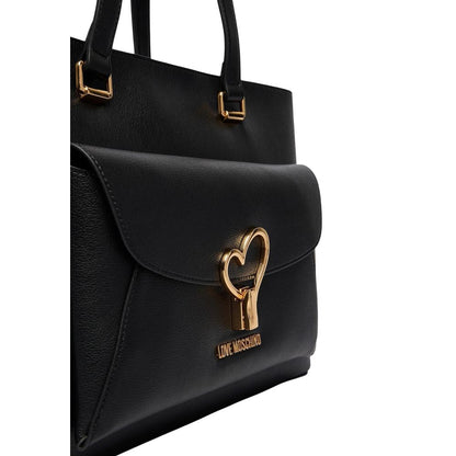 Shopper Handbag by Love Moschino for women in polyethylene & polyurethane black & gold features a ornamental silhouette, showcasing a secure flap & magnetic, ample , and ornamental handle for a sophisticated look.