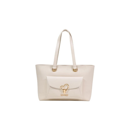 Shopper Handbag by Love Moschino for women in polyethylene & polyurethane beige & gold features a signature silhouette, showcasing a secure flap & magnetic and signature with versatile handle for a sophisticated look.