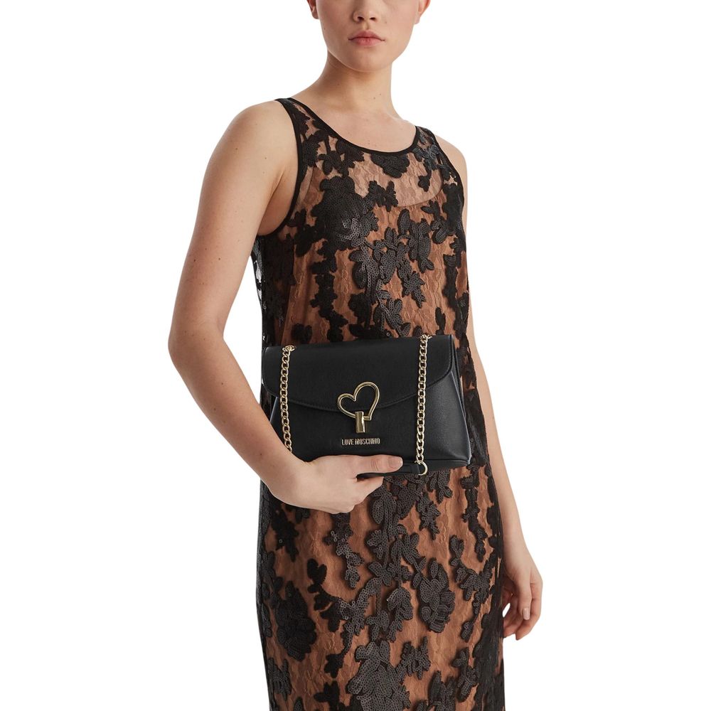 This Crossbody-Shoulder Handbag by Love Moschino for women in polyethylene & polurethane and black & gold presents a sculptural silhouette featuring a secure , ample , and versatile crossbody-strap, shoulder-strap & adjustable-strap for a sculptural finish.