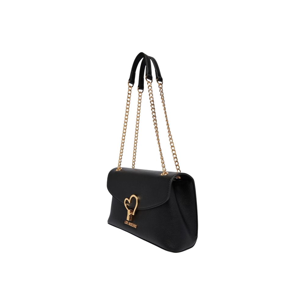 Crossbody-Shoulder Handbag by Love Moschino for women in polyethylene & polurethane black & gold features an refined silhouette, showcasing a secure , ample , and versatile crossbody-strap, shoulder-strap & adjustable-strap for a sophisticated refined aesthetic.