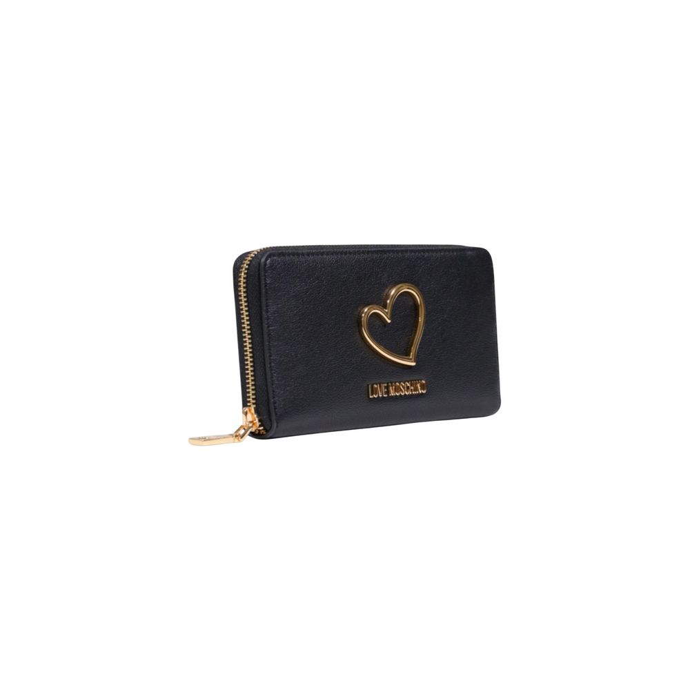 Wallet by Love Moschino for women in polyethylene & polurethane black & gold showcases a discerning silhouette, artfully capturing the essence of Polyethylene & Polurethane Wallet with its functional .