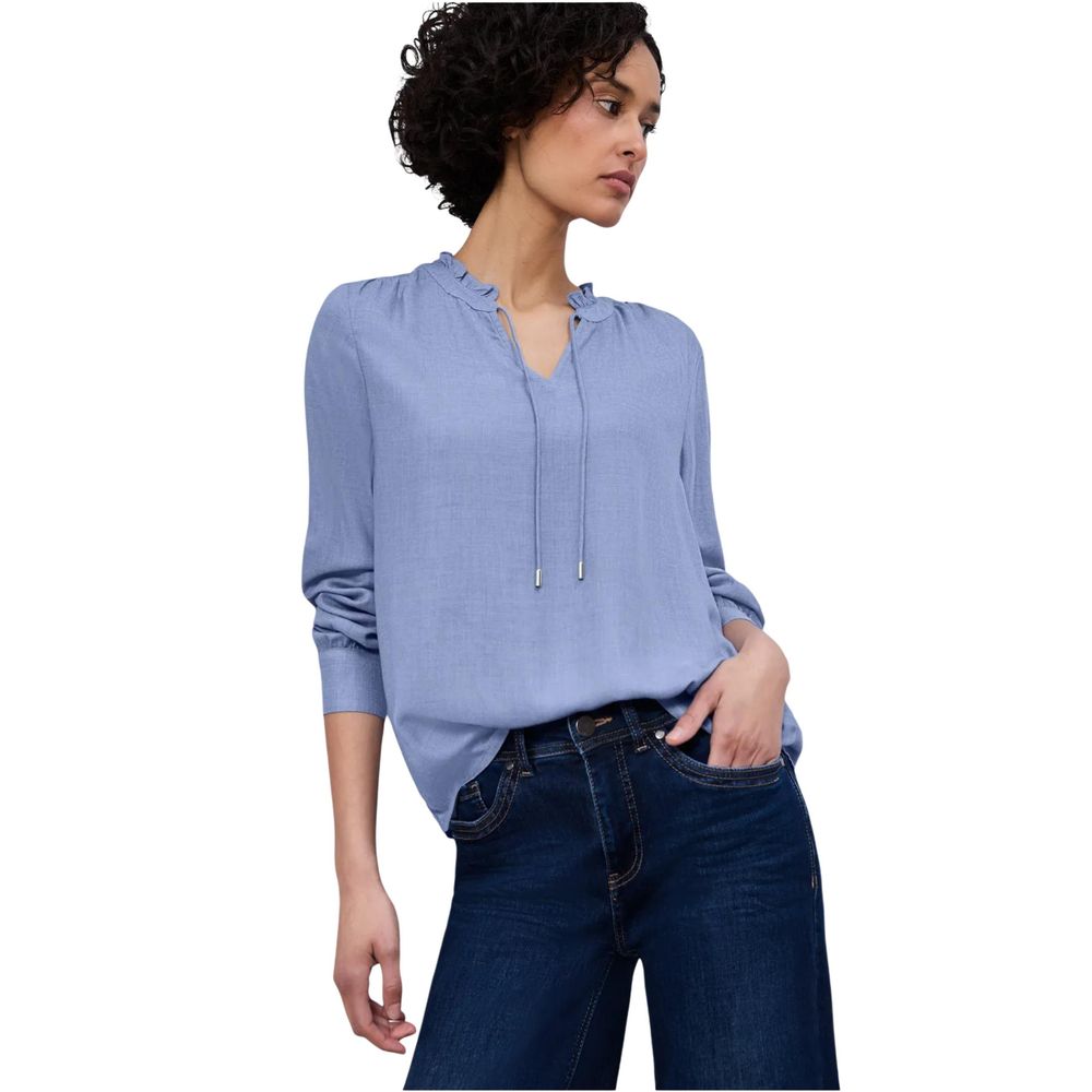 Shirt by Street One for women in viscose light-blue showcases a sharp silhouette, elegantly detailed with a sharp v-neck neckline and sharp long-sleeve.