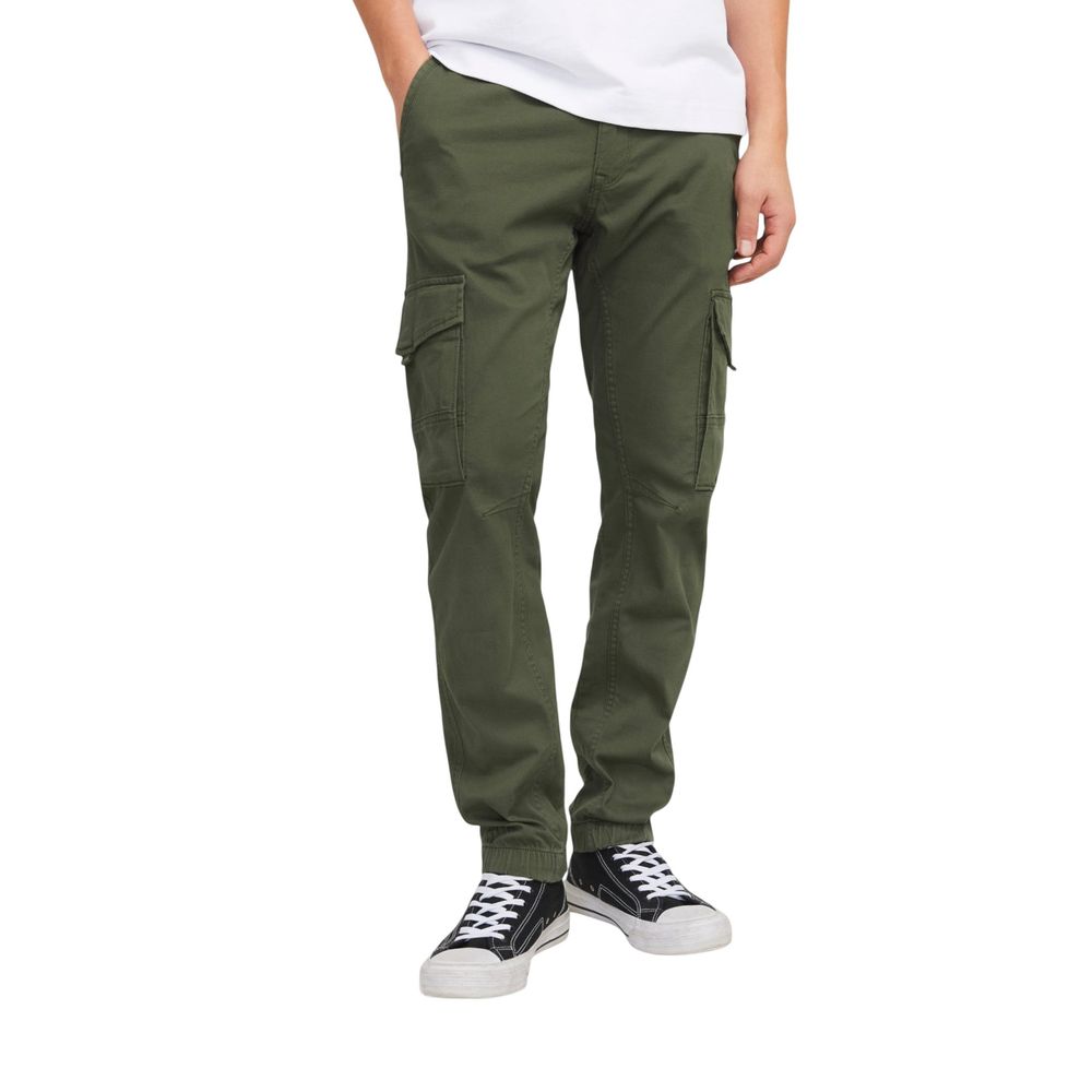 Trousers by Jack Jones for men in stretch cotton green features a sculptural silhouette, showcasing a sculptural skinny & slim and long with a sophisticated for a sculptural finish.