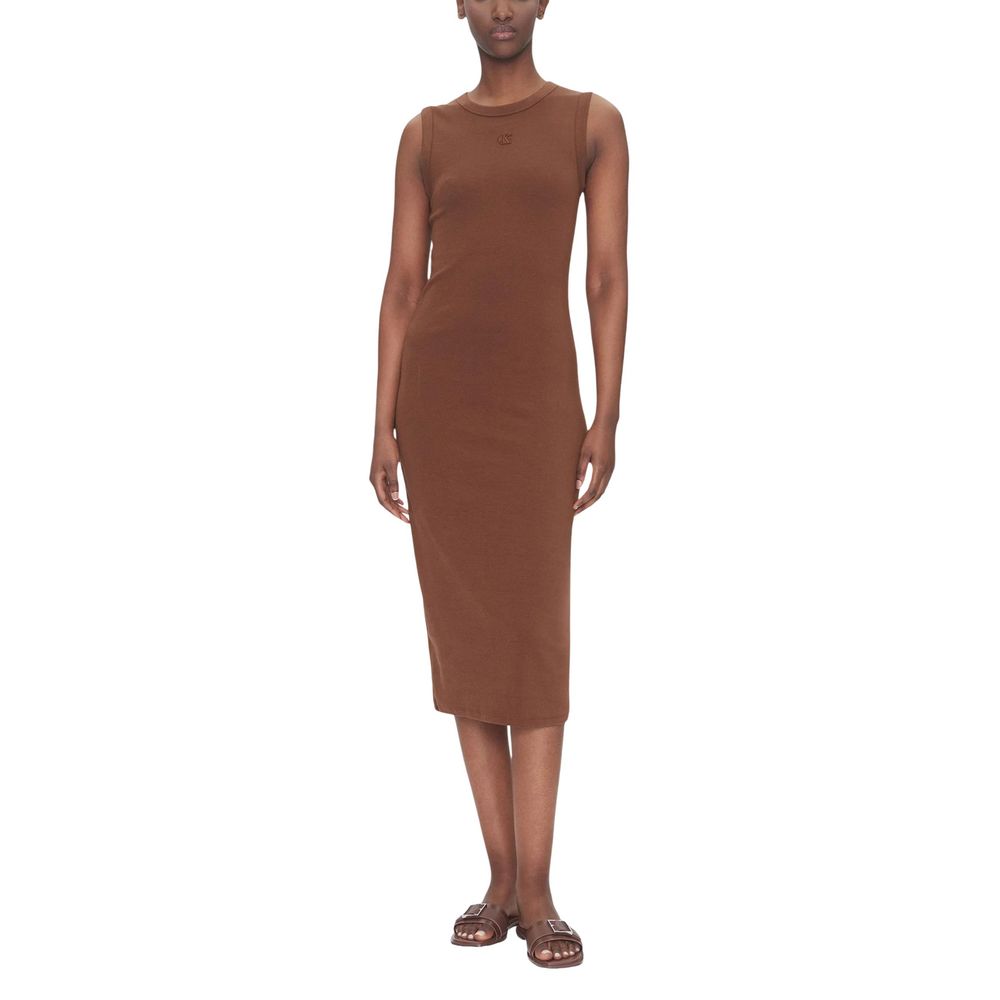 Dress by Calvin Klein Jeans for women in stretch cotton & silicone brown features an eye catching silhouette with a sophisticated , elegant sleeveless, and a refined long for a eye catching aesthetic.