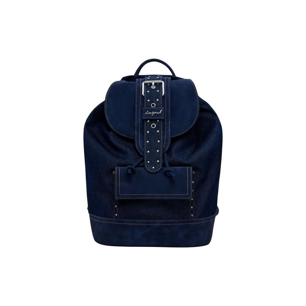 Small Travel Flap Backpack by Desigual for women in poly cotton blue & signature showcases a stately Poly Cotton Small Travel Flap Backpack design, featuring a secure snap, flap, buckle & button with stately external-pockets and versatile backpack-strap & adjustable-strap.
