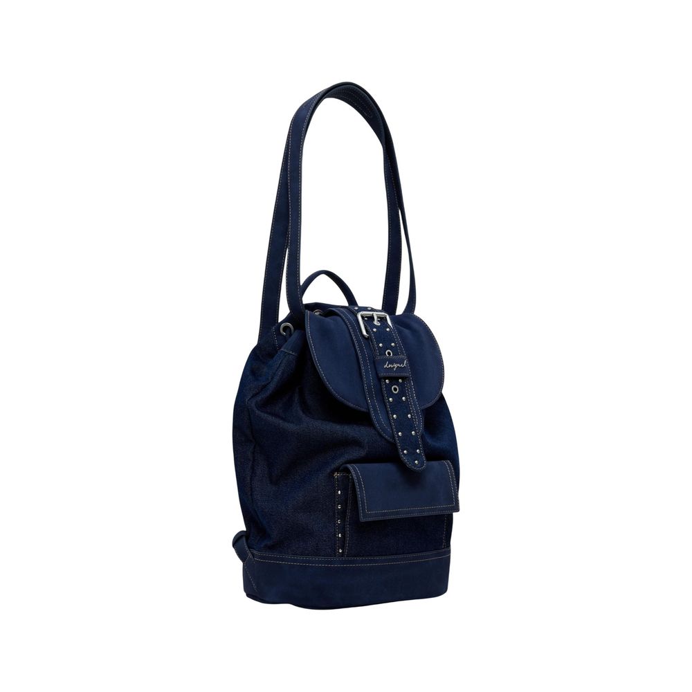 Small Travel Flap Backpack by Desigual for women in poly cotton blue & signature features a refined silhouette, showcasing the Poly Cotton Small Travel Flap Backpack design with a secure snap, flap, buckle & button, ample external-pockets, and versatile backpack-strap & adjustable-strap.