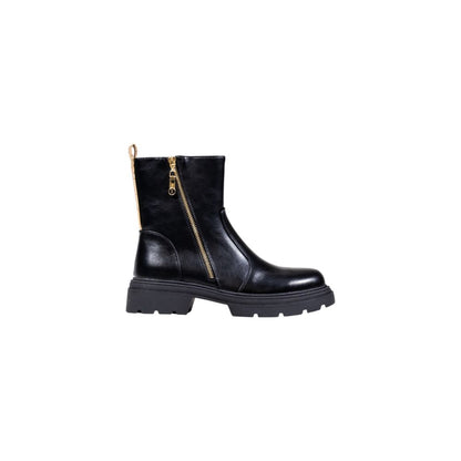 Ankle Winter Boots by Alviero Martini Prima Classe for women in polyethylene & polyurethane black & gold features an aerodynamic silhouette from the Women's Polyethylene & Polyurethane Ankle Winter Boots collection, showcasing a aerodynamic and refined for an aerodynamic look.