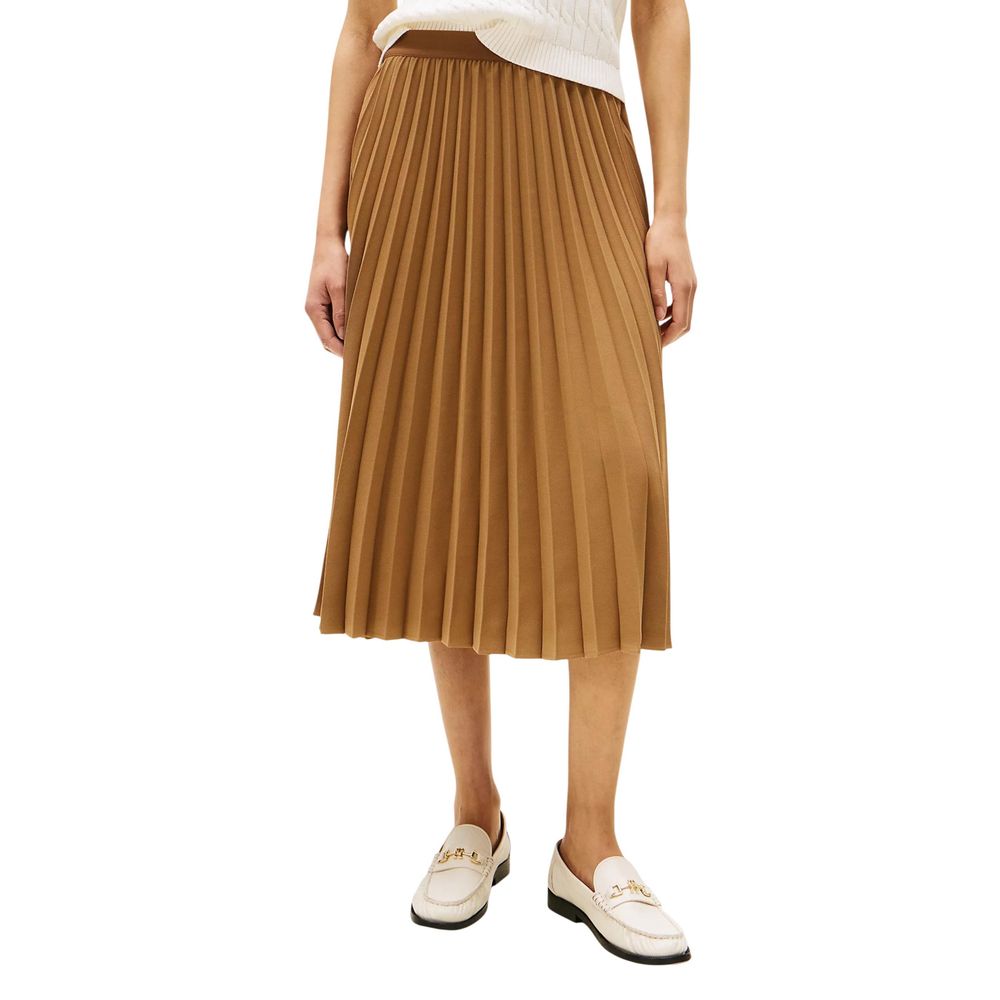 Skirt by Tommy Hilfiger for women in polyester brown showcases a sultry silhouette, elegantly defined by its midi and the sophisticated sultry design of the Women's Midi Lightweight Pleated Polyester Skirt.