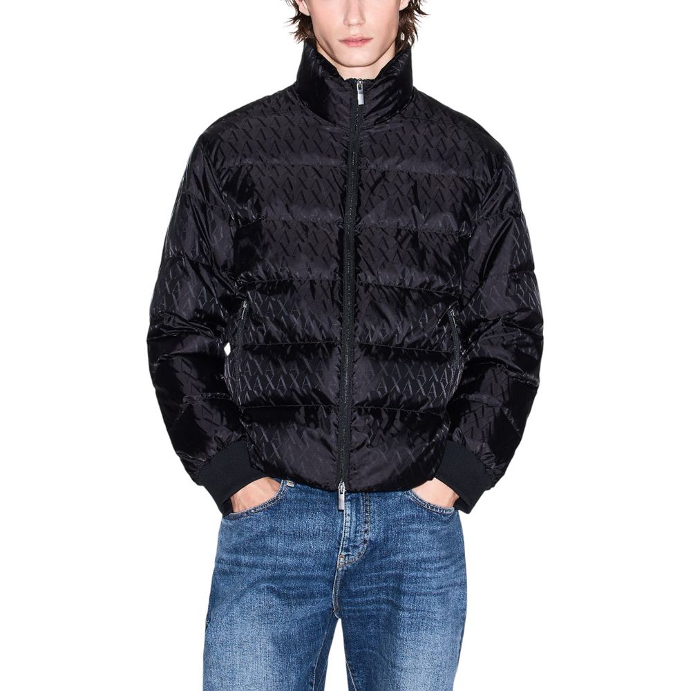Overcoat by Armani Exchange for men in polyamide black features an voluminous silhouette, showcasing distinct and a voluminous high-neck neckline for a truly voluminous aesthetic.