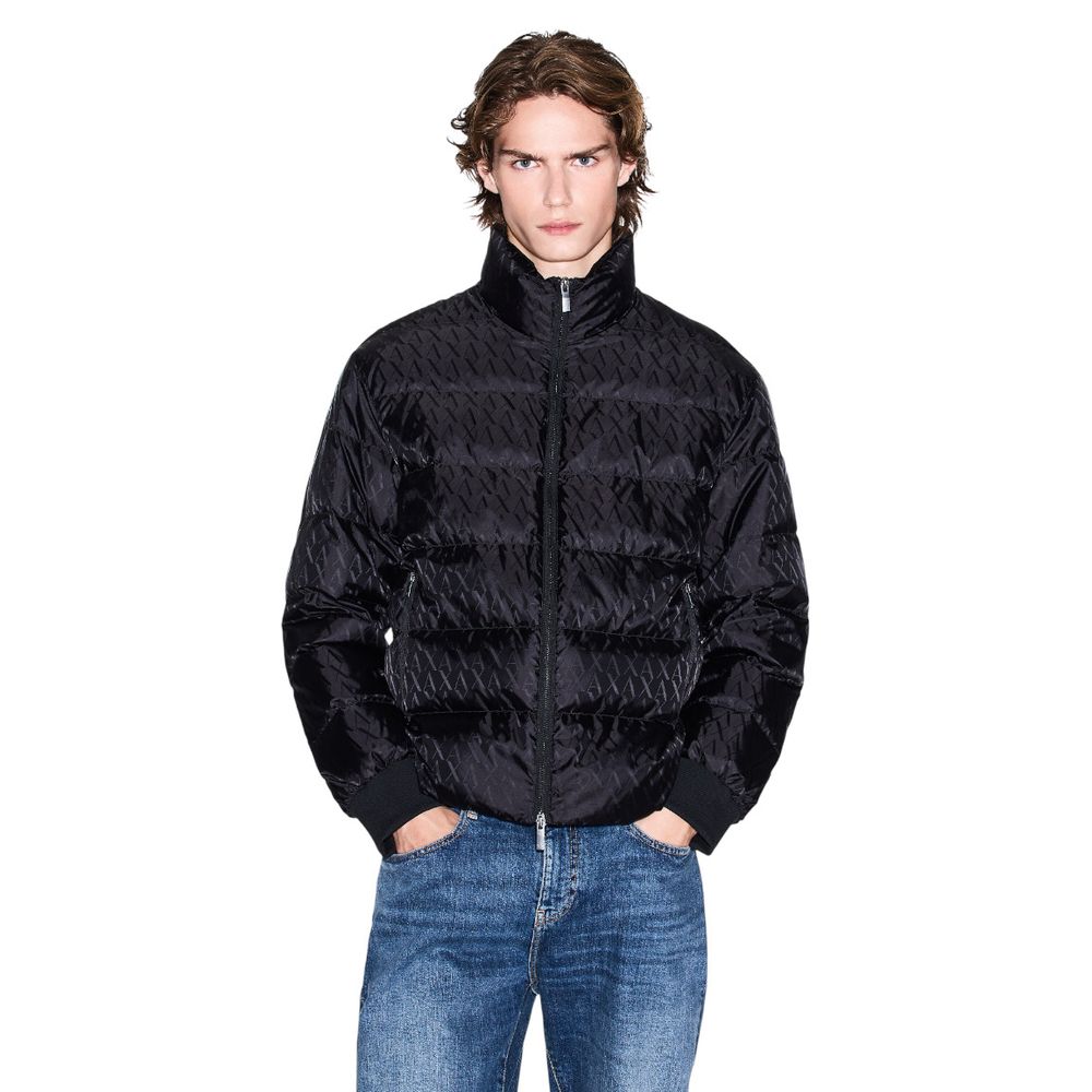 Overcoat by Armani Exchange for men in polyamide black showcases a architectural silhouette, artfully detailed with a distinctive and functional for a architectural finish.