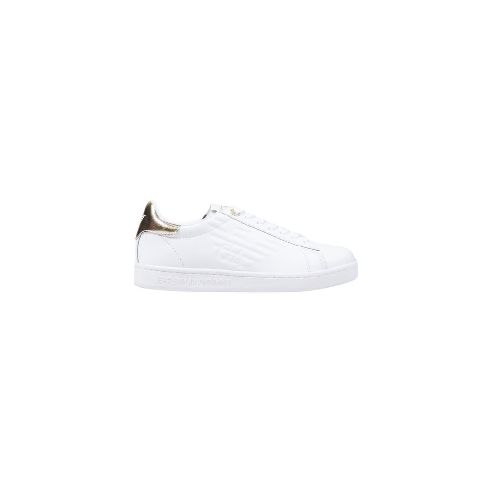 Sneakers by EA7 Emporio Armani for women in leather & rubber white presents a sumptuous silhouette from the Women's Low-Top Casual Leather & Rubber Sneakers collection, showcasing a sumptuous low-top casual style for an elevated aesthetic.