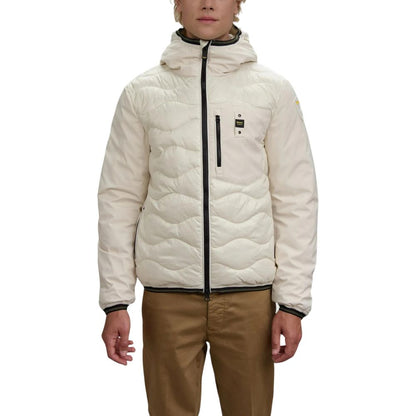 Hooded Windbreaker Jacket by Blauer for men in polyamide & polyester white presents a resilient silhouette, artfully detailed with a sophisticated hooded neckline and functional pockets, hooded & windproof for a resilient finish.