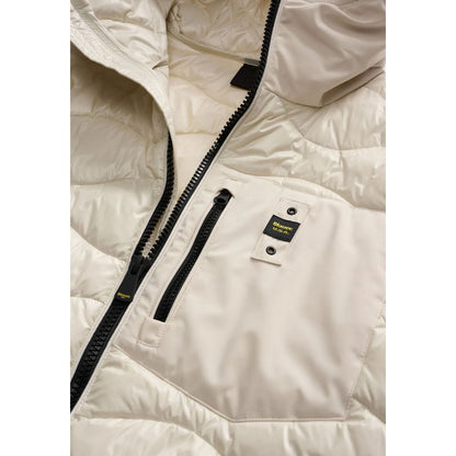 Hooded Windbreaker Jacket by Blauer for men in polyamide & polyester white showcases a modern silhouette, integrating pockets, hooded & windproof and a modern for a sophisticated finish.